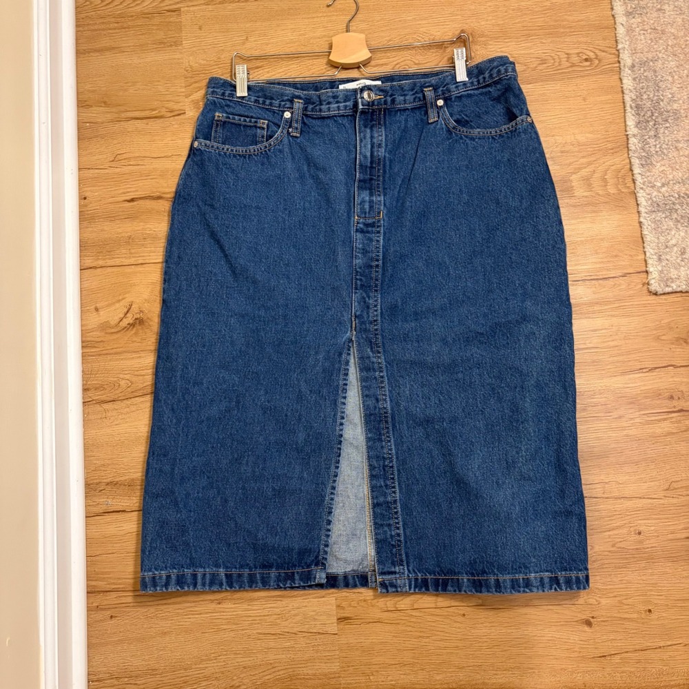MNG Mango Denim Skirt Womens XXL Blue Midi Front Slit High Waisted 100% Cotton - Picture 4 of 8